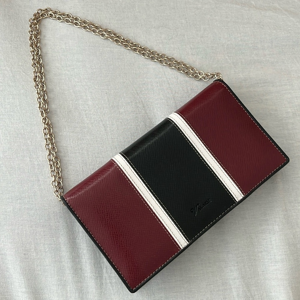 Burgundy Repp Stripe Embossed Leather Wallet Purse with Chain Strap
